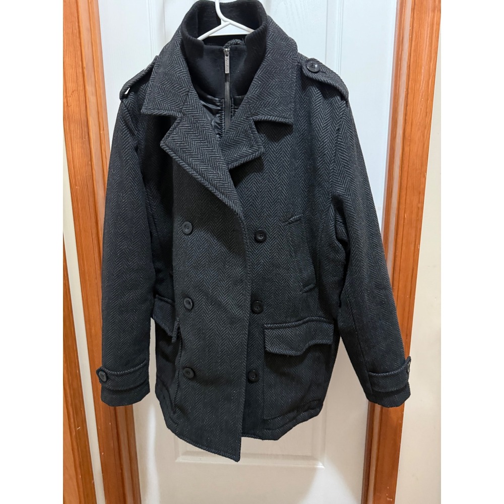 English Laundry Blaque Label Mens Herringbone Wool Blend Pea Coat Grey Large